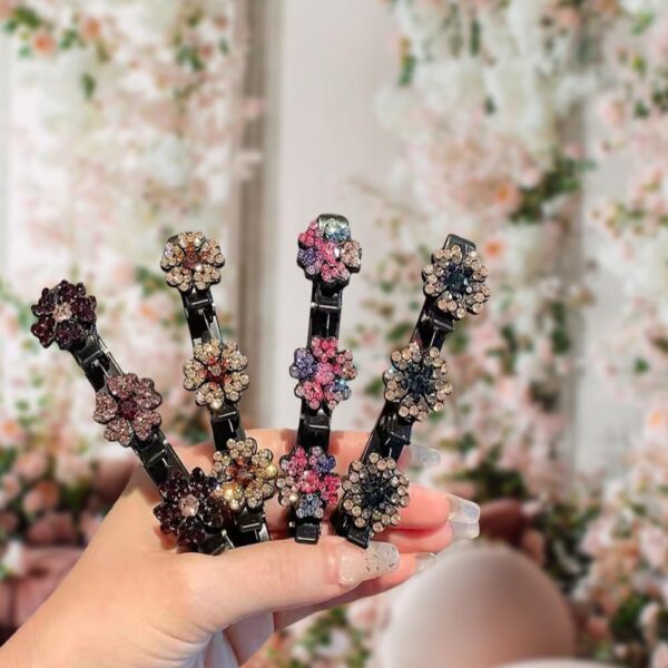 2 Pcs Sparkling Crystal Stone Braided Hair Clips, 2024 New Satin Fabric Hair Bands Rhinestone Four-Leaf Clover Hair Clip for Styling, Duck Bill Clips for Women Girls (A) - Image 8