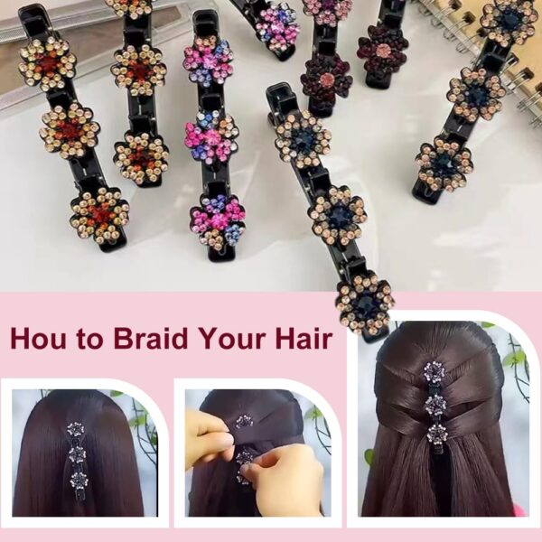 2 Pcs Sparkling Crystal Stone Braided Hair Clips, 2024 New Satin Fabric Hair Bands Rhinestone Four-Leaf Clover Hair Clip for Styling, Duck Bill Clips for Women Girls (A) - Image 7