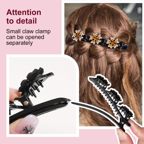 2 Pcs Sparkling Crystal Stone Braided Hair Clips, 2024 New Satin Fabric Hair Bands Rhinestone Four-Leaf Clover Hair Clip for Styling, Duck Bill Clips for Women Girls (A) - Image 5