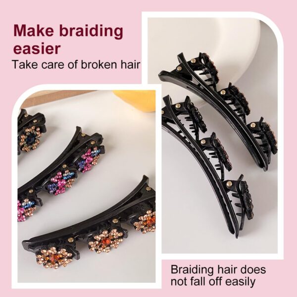 2 Pcs Sparkling Crystal Stone Braided Hair Clips, 2024 New Satin Fabric Hair Bands Rhinestone Four-Leaf Clover Hair Clip for Styling, Duck Bill Clips for Women Girls (A) - Image 4