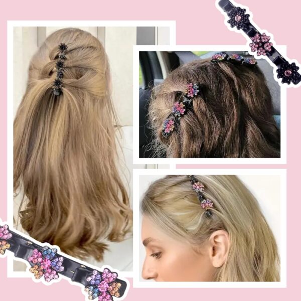 2 Pcs Sparkling Crystal Stone Braided Hair Clips, 2024 New Satin Fabric Hair Bands Rhinestone Four-Leaf Clover Hair Clip for Styling, Duck Bill Clips for Women Girls (A) - Image 9