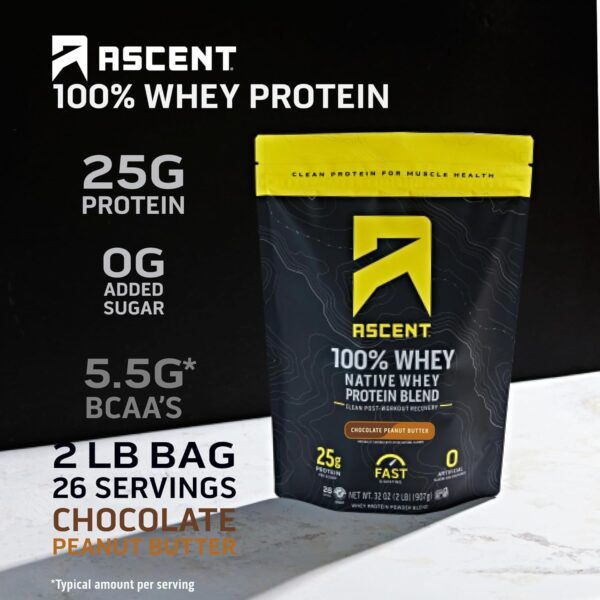 Ascent 100% Whey Protein Powder - Post Workout Whey Protein Isolate, Zero Artificial Flavors & Sweeteners, Gluten Free, 5.5g BCAA, 2.6g Leucine, Essential Amino Acids, Chocolate Peanut Butter 2 lb - Image 3