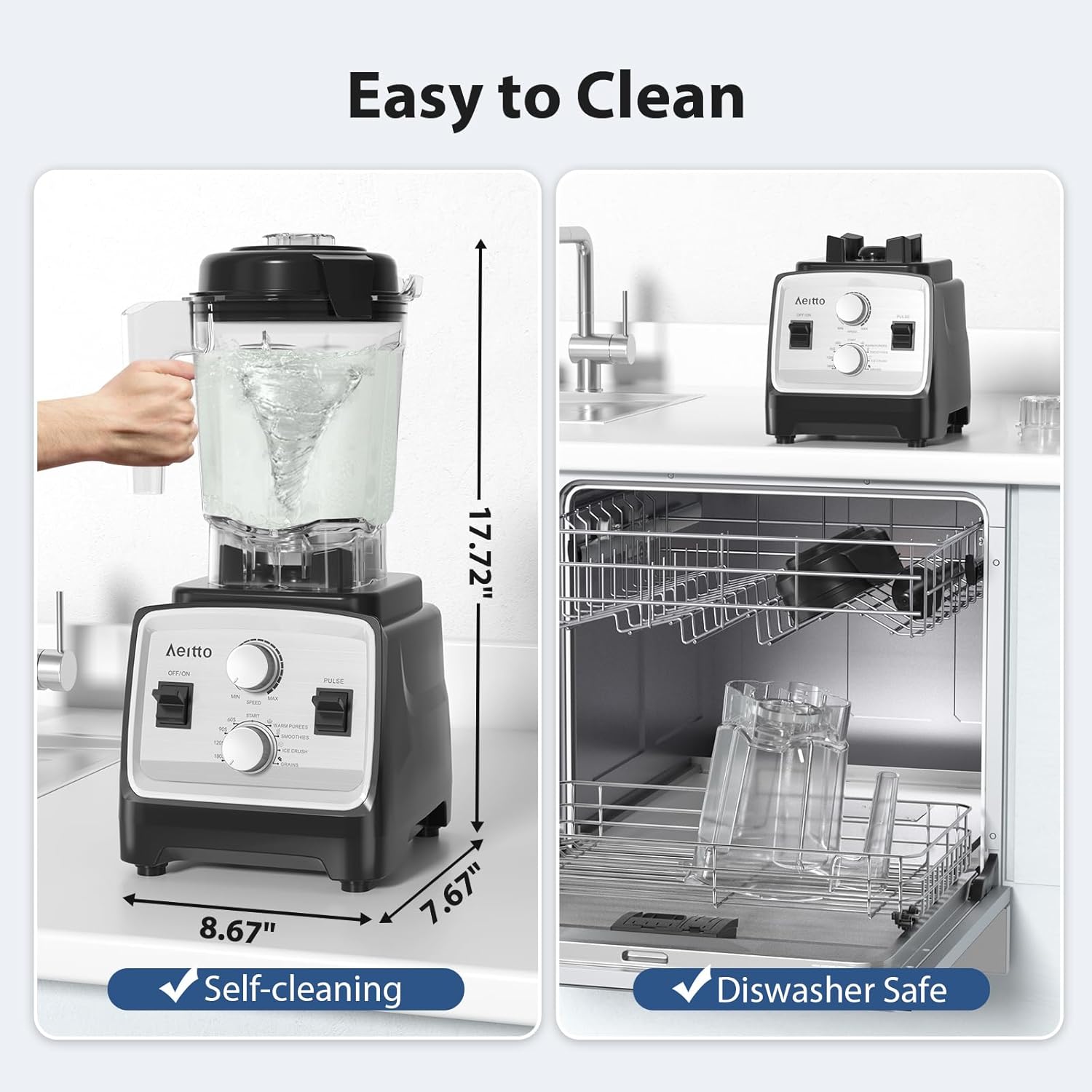 Aeitto Blender, Blenders for Kitchen with 1800W Motor, 68Oz. Large Capacity, 2-in-1 Blender & Grinder Combo, BPA-Free Countertop Professional Blender for Smoothies, Ice Crush, Frozen Drinks, Silver - Image 7