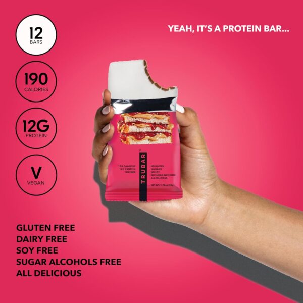 TRUBAR Vegan Protein Bar, Get In My Belly PB & Jelly, Gluten Free, Plant Based Protein, Dairy Free, Non GMO, Soy Free, No Sugar Alcohols, 12G Protein, 12G Fiber, 23G Carb, on the Go Snack Bars, 12 CT - Image 4