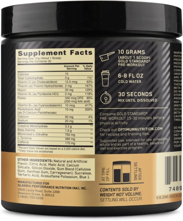 Optimum Nutrition Gold Standard Pre-Workout, Vitamin D for Immune Support, with Creatine, Beta-Alanine, and Caffeine for Energy, Keto Friendly, Blueberry Lemonade, 30 Servings (Packaging May Vary) - Image 9