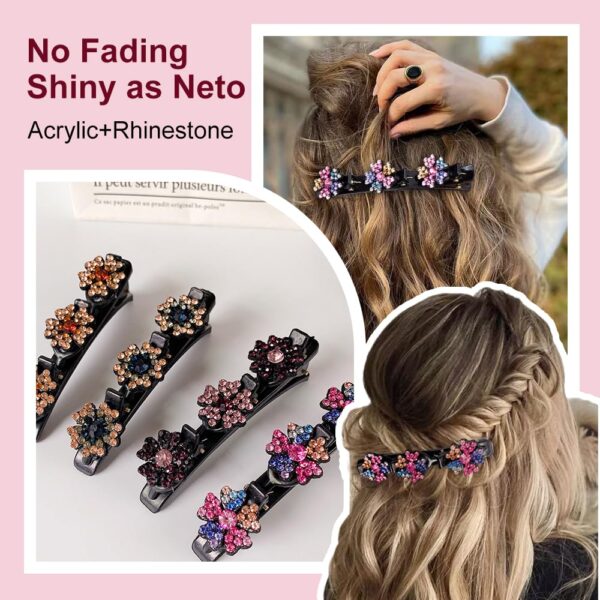 2 Pcs Sparkling Crystal Stone Braided Hair Clips, 2024 New Satin Fabric Hair Bands Rhinestone Four-Leaf Clover Hair Clip for Styling, Duck Bill Clips for Women Girls (A) - Image 3