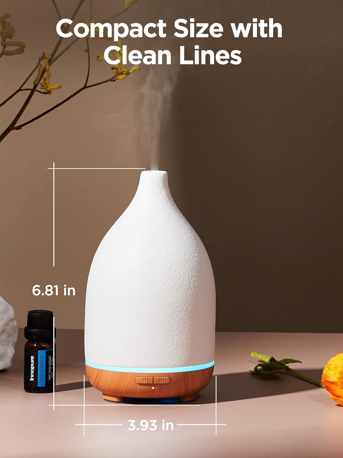 InnoGear Oil Diffuser, 150ML Ceramic Diffuser for Essential Oils Handcrafted Aromatherapy Diffuser Ultrasonic Cool Mist Humidifier with 2 Mist Modes Waterless Auto Off for Room Office, White - Image 3