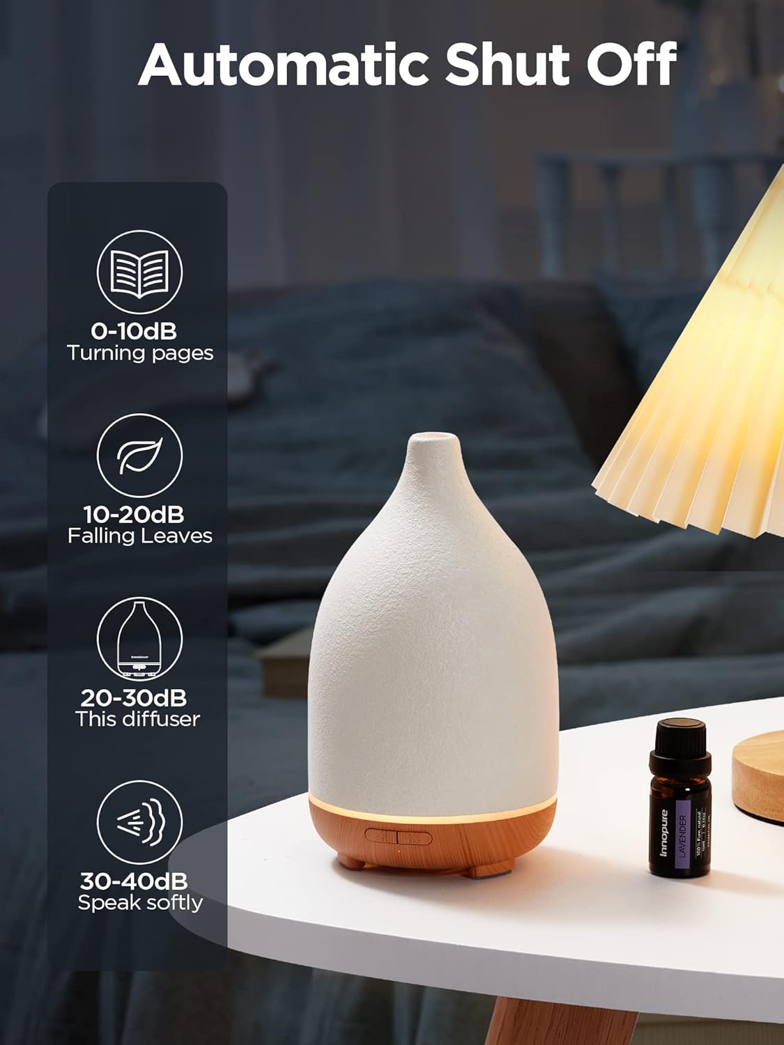 InnoGear Oil Diffuser, 150ML Ceramic Diffuser for Essential Oils Handcrafted Aromatherapy Diffuser Ultrasonic Cool Mist Humidifier with 2 Mist Modes Waterless Auto Off for Room Office, White - Image 10