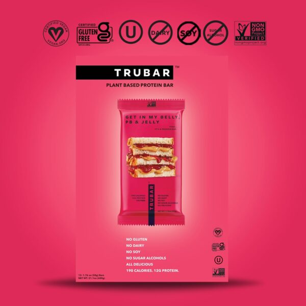 TRUBAR Vegan Protein Bar, Get In My Belly PB & Jelly, Gluten Free, Plant Based Protein, Dairy Free, Non GMO, Soy Free, No Sugar Alcohols, 12G Protein, 12G Fiber, 23G Carb, on the Go Snack Bars, 12 CT - Image 6