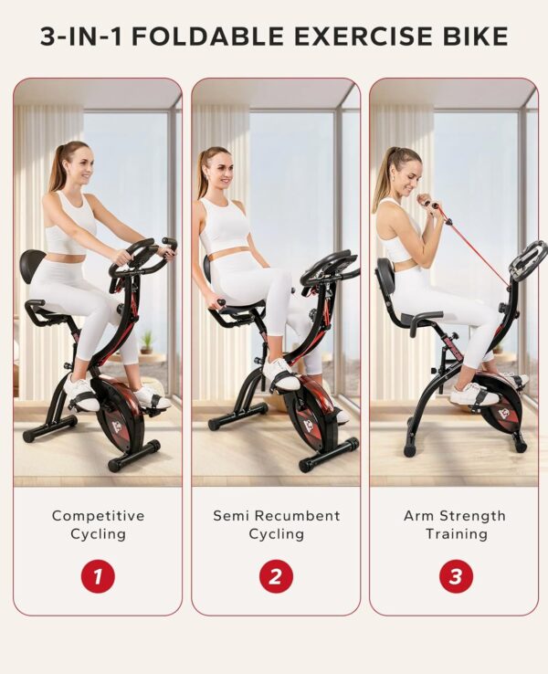 HAPBEAR Folding Exercise Bike Magnetic Foldable Stationary Bike, 3 in 1 Mode Indoor Upright Fitness Workout X-Bike with 8-Level Resistance and Arm Resistance Band, Pulse Sensor,LCD Monitor - Image 3