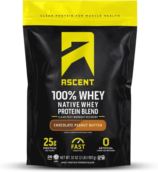 Ascent 100% Whey Protein Powder - Post Workout Whey Protein Isolate, Zero Artificial Flavors & Sweeteners, Gluten Free, 5.5g BCAA, 2.6g Leucine, Essential Amino Acids, Chocolate Peanut Butter 2 lb - Image 2
