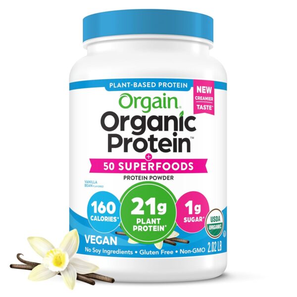 Orgain Organic Vegan Protein + 50 Superfoods Powder, Vanilla Bean - 21g Plant Based Protein, 8g Prebiotic Fiber, No Lactose Ingredients, Gluten Free, Non-GMO, 2.02 lb (Packaging May Vary) - Image 2