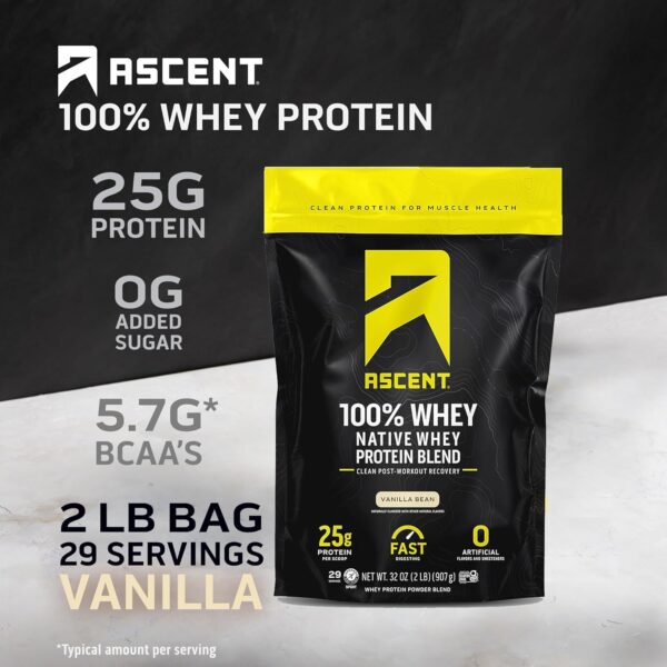 Ascent 100% Whey Protein Powder - Post Workout Whey Protein Isolate, Zero Artificial Flavors & Sweeteners, Soy & Gluten Free, 5.5g BCAA, 2.6g Leucine, Essential Amino Acids, Vanilla Bean 2 lb - Image 3