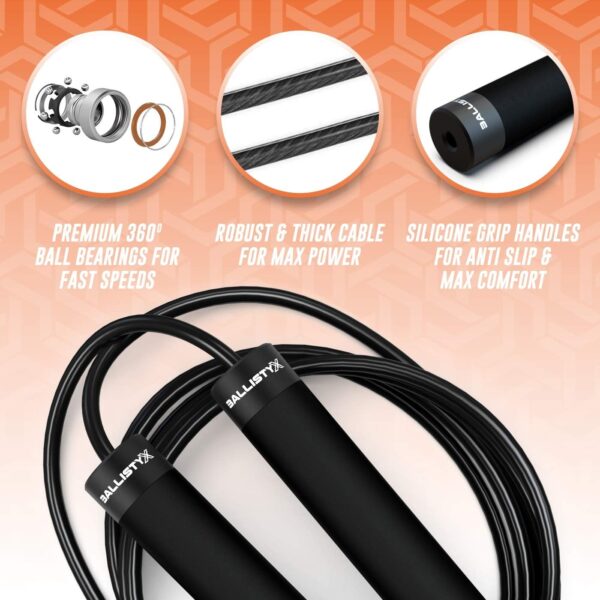 Ballistyx Jump Rope - Premium Speed Jump Rope with 360 Degree Spin, Steel Handles, Silicone Grips and 2 x Adjustable Cables - for Crossfit, Gym & Home Fitness Workouts & More - Image 3