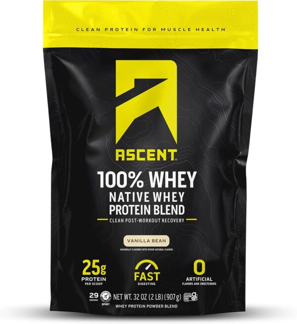 Ascent 100% Whey Protein Powder - Post Workout Whey Protein Isolate, Zero Artificial Flavors & Sweeteners, Soy & Gluten Free, 5.5g BCAA, 2.6g Leucine, Essential Amino Acids, Vanilla Bean 2 lb - Image 2