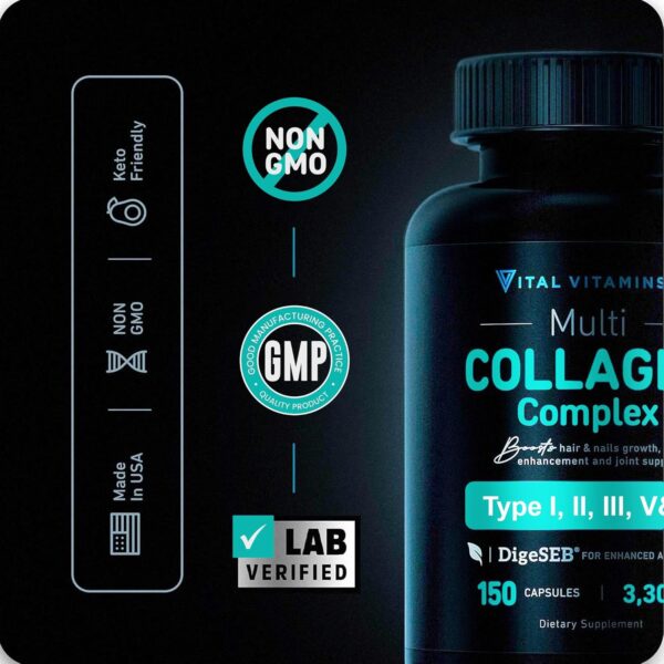 Vital Vitamins Collagen for Women & Men - Type I, II, III, V, X Multi Collagen Pills - Grass Fed, Non-GMO - 150 Capsules - Image 4