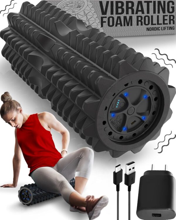 Nordic Lifting Vibrating Foam Roller w/ 5 Intensity Vibration, High Density EVA Foam for Deep Tissue Massage & Muscle Recovery - Ideal for Back Pain, Plantar Fasciitis Relief, Physical Therapy - Black - Image 2