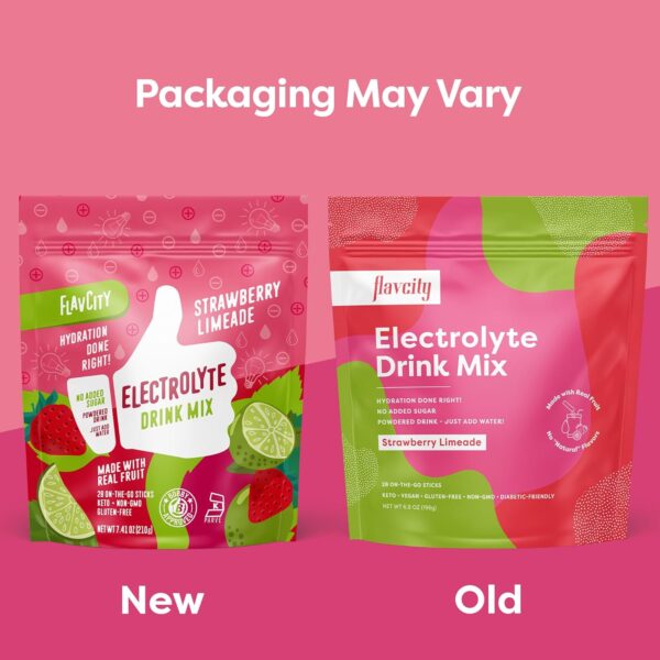 FlavCity Strawberry Limeade Electrolytes Drink Mix, 28 On-The-Go Stick Packs - Healthy Electrolytes Powder Packets Made with Real Fruit - Keto Powdered Drink with No Added Sugar, Gluten-Free - Image 3