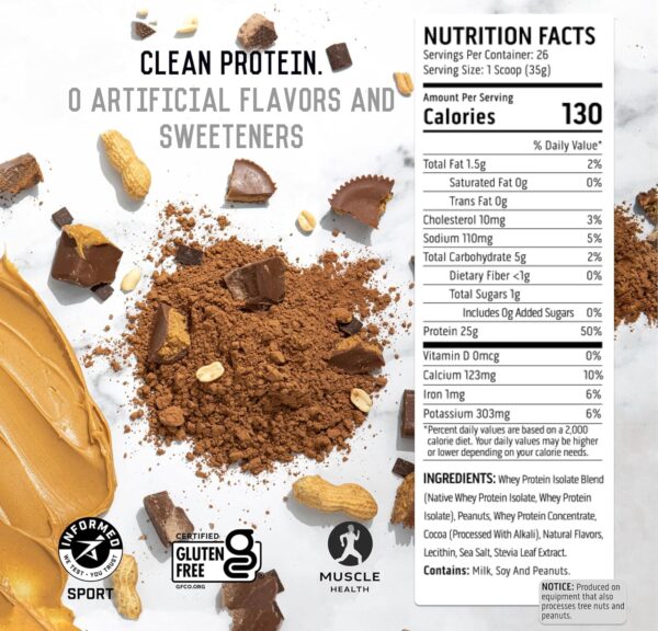 Ascent 100% Whey Protein Powder - Post Workout Whey Protein Isolate, Zero Artificial Flavors & Sweeteners, Gluten Free, 5.5g BCAA, 2.6g Leucine, Essential Amino Acids, Chocolate Peanut Butter 2 lb - Image 6