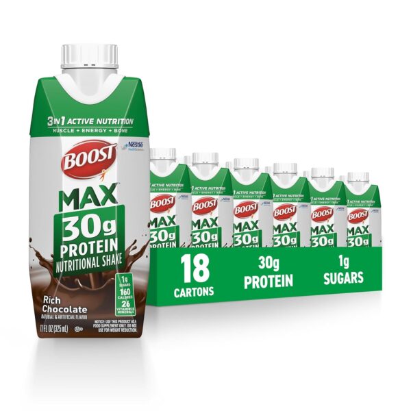 BOOST MAX Protein Shakes Ready to Drink - 30g High Protein Shake - Chocolate | Nutritional Drinks to Support Muscle Recovery After Exercise, 26 Vitamins & Minerals, 1g Sugar, 11 fl oz (Pack of 18) - Image 2