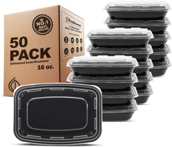 Freshware Meal Prep Containers [50 Pack] 1 Compartment Food Storage Containers with Lids, Bento Box, BPA Free, Stackable, Microwave/Dishwasher/Freezer Safe (16 oz) - Image 2