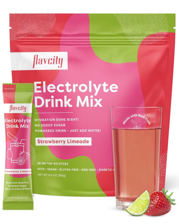 FlavCity Strawberry Limeade Electrolytes Drink Mix, 28 On-The-Go Stick Packs - Healthy Electrolytes Powder Packets Made with Real Fruit - Keto Powdered Drink with No Added Sugar, Gluten-Free - Image 2