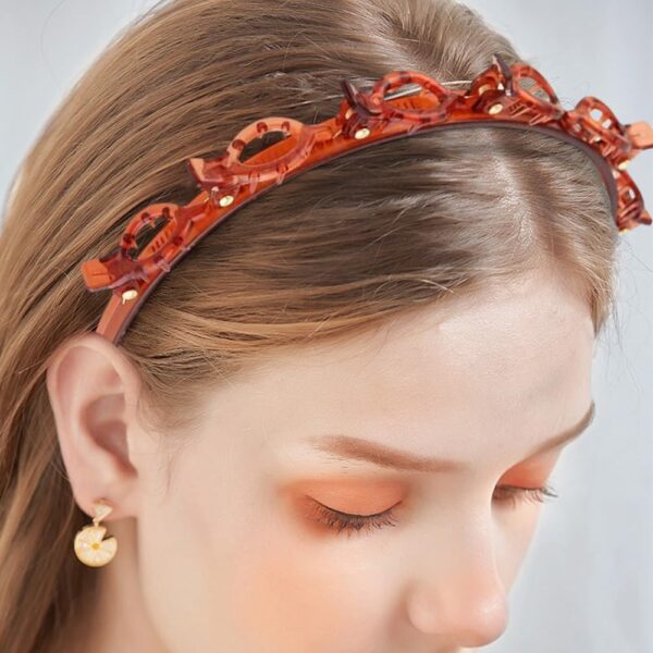 2PCS Headband With Clips, 2024 New Hairband with Clips Headbands for Women, Premium Double Bangs Hairstyle Hairpin Hair Clip Headband Hollow Woven Headband Hair Accessories (Coffee, Large) - Image 3
