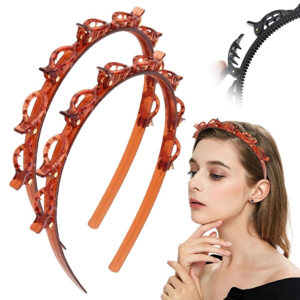 2PCS Headband With Clips, 2024 New Hairband with Clips Headbands for Women, Premium Double Bangs Hairstyle Hairpin Hair Clip Headband Hollow Woven Headband Hair Accessories (Coffee, Large) - Image 2