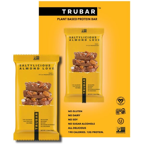 TRUBAR Vegan Protein Bar, Saltylicious Almond Love, Gluten Free, Plant Based Protein, Dairy Free, Non GMO, Soy Free, No Sugar Alcohols, 12G Protein, 12G Fiber, 23G Carb, on the Go Snack Bars, 12 CT - Image 2