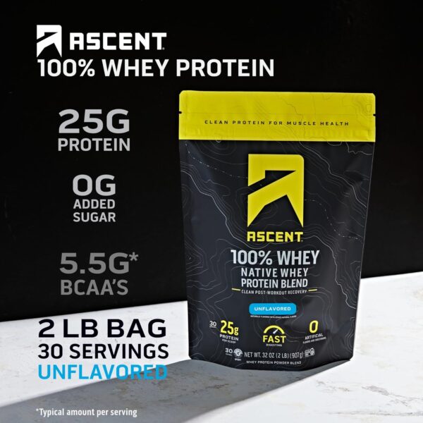 Ascent 100% Whey Protein Powder - Post Workout Whey Protein Isolate, Zero Artificial Flavors & Sweeteners, Gluten Free, 5.5g BCAA, 2.6g Leucine, Essential Amino Acids, Unflavored 2 lb - Image 3