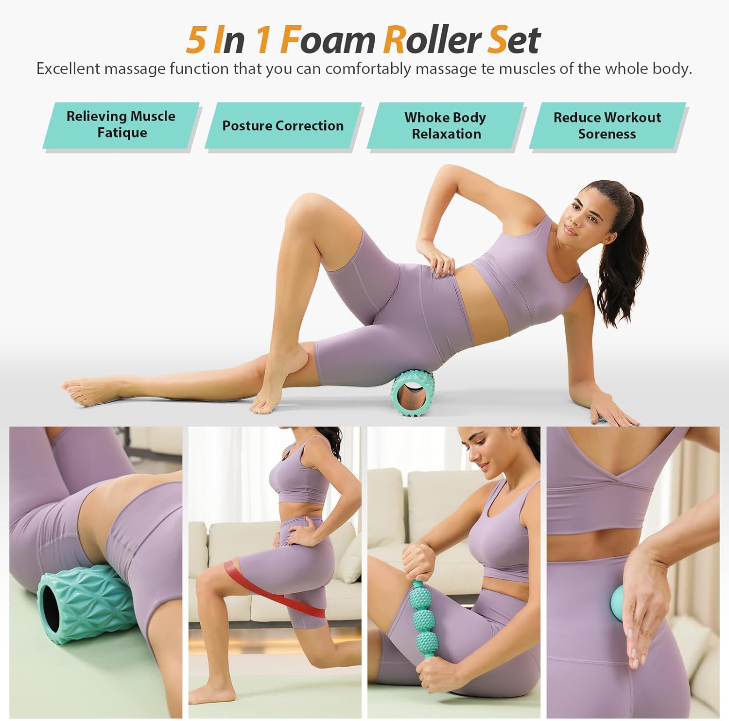5 in 1 Foam Roller Set Medium Density Back Foam Roller, Muscle Roller Stick, Massage Ball, Exercise Bands, Trigger Point Release for Deep Muscle Massage Pilates Yoga, Fitness Exercise for Whole Body - Image 8