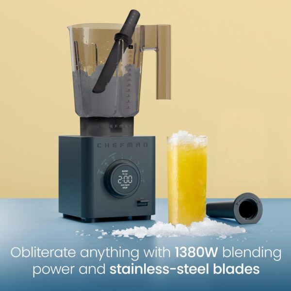 Chefman Obliterator 48 oz Countertop Blender for Smoothies, 1380W Motor to Crush Ice, Nuts, and Frozen Fruit with Stainless Steel Blade, Auto Blend Function, Includes Tamper and Scraper - Midnight - Image 3