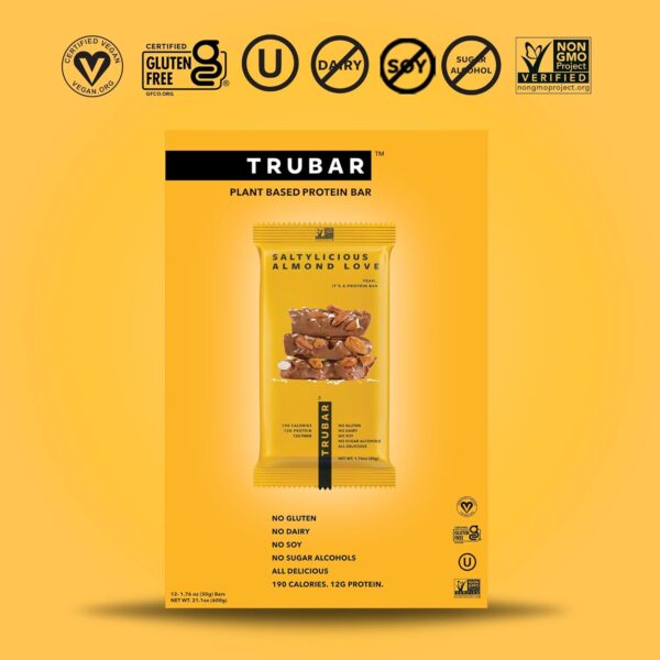 TRUBAR Vegan Protein Bar, Saltylicious Almond Love, Gluten Free, Plant Based Protein, Dairy Free, Non GMO, Soy Free, No Sugar Alcohols, 12G Protein, 12G Fiber, 23G Carb, on the Go Snack Bars, 12 CT - Image 6