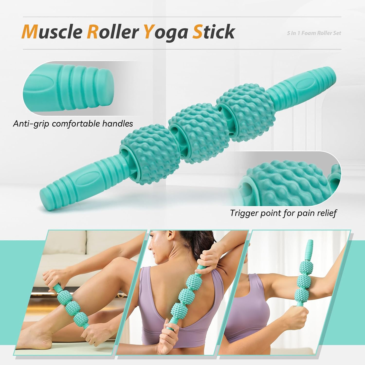 5 in 1 Foam Roller Set Medium Density Back Foam Roller, Muscle Roller Stick, Massage Ball, Exercise Bands, Trigger Point Release for Deep Muscle Massage Pilates Yoga, Fitness Exercise for Whole Body - Image 5