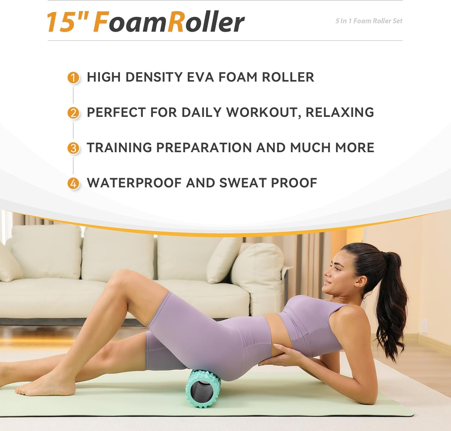 5 in 1 Foam Roller Set Medium Density Back Foam Roller, Muscle Roller Stick, Massage Ball, Exercise Bands, Trigger Point Release for Deep Muscle Massage Pilates Yoga, Fitness Exercise for Whole Body - Image 4