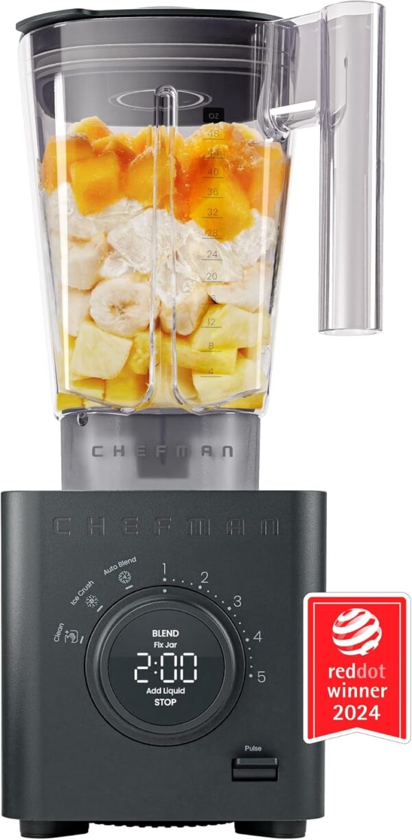 Chefman Obliterator 48 oz Countertop Blender for Smoothies, 1380W Motor to Crush Ice, Nuts, and Frozen Fruit with Stainless Steel Blade, Auto Blend Function, Includes Tamper and Scraper - Midnight - Image 2