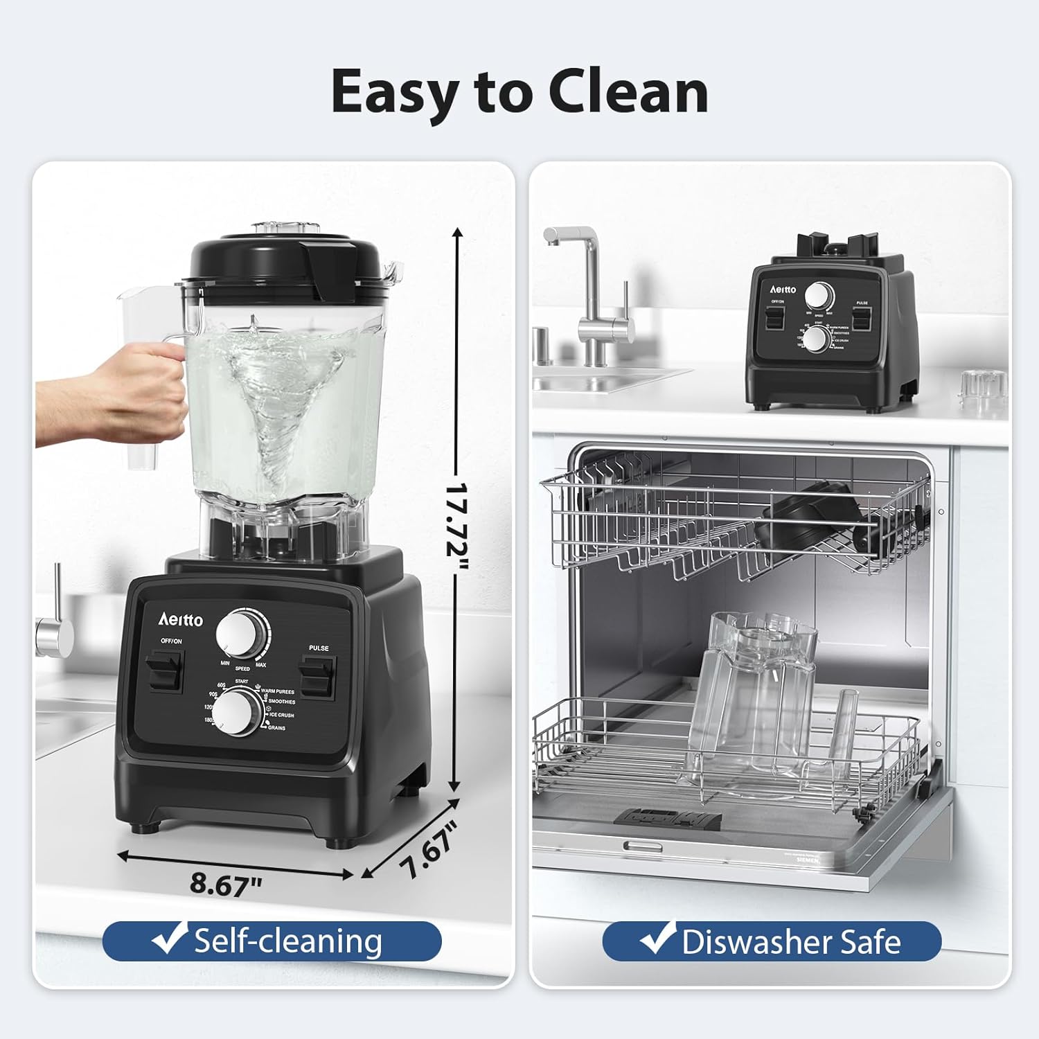 Aeitto Blender, Blenders for Kitchen with 1800W Motor, 68Oz. Large Capacity, 2-in-1 Blender & Grinder Combo, BPA-Free Countertop Professional Blender for Smoothies, Ice Crush, Frozen Drinks, Black - Image 7