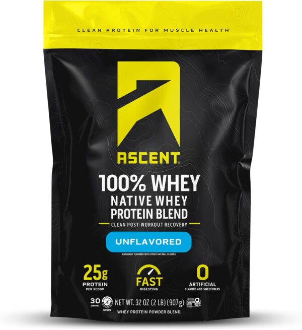 Ascent 100% Whey Protein Powder - Post Workout Whey Protein Isolate, Zero Artificial Flavors & Sweeteners, Gluten Free, 5.5g BCAA, 2.6g Leucine, Essential Amino Acids, Unflavored 2 lb - Image 2