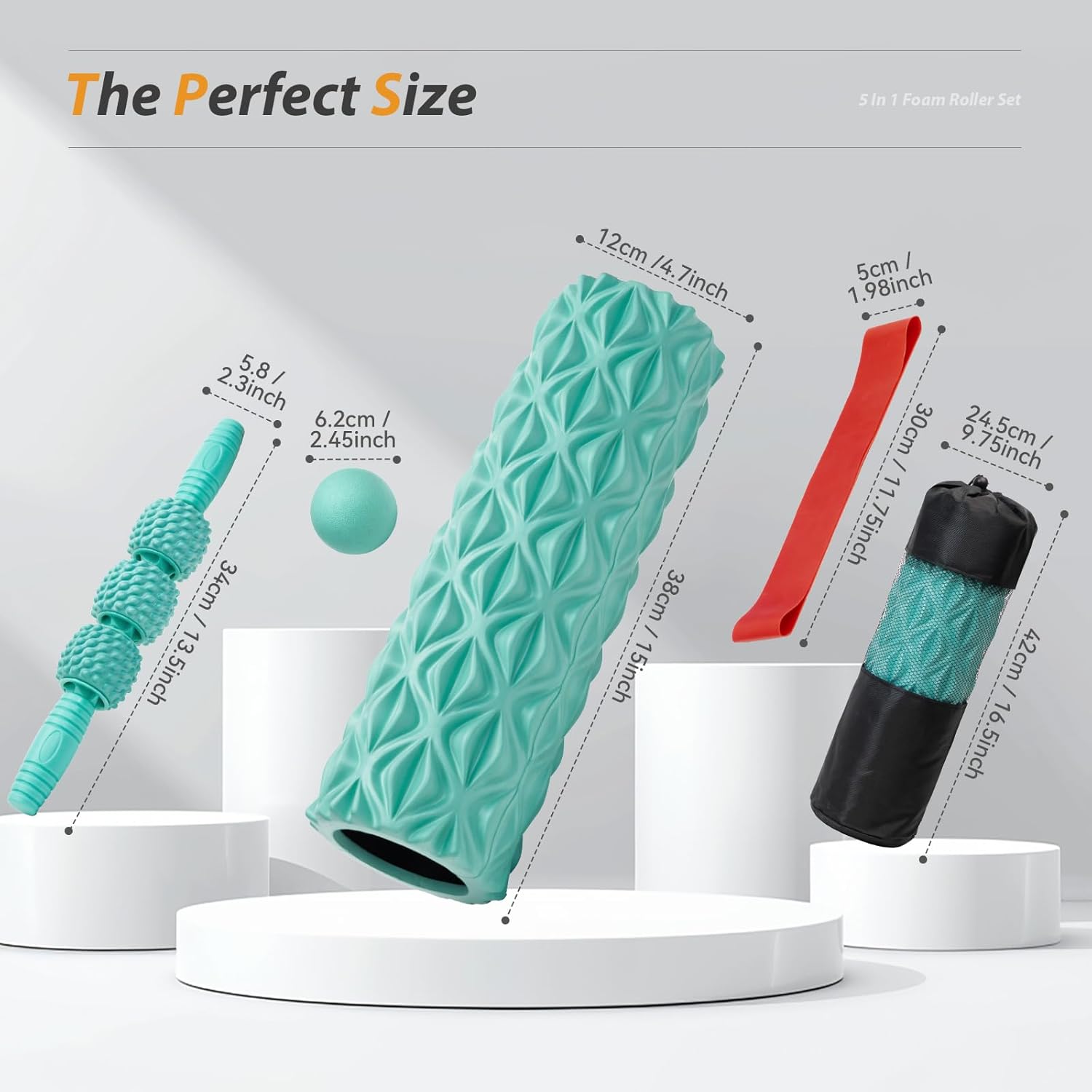 5 in 1 Foam Roller Set Medium Density Back Foam Roller, Muscle Roller Stick, Massage Ball, Exercise Bands, Trigger Point Release for Deep Muscle Massage Pilates Yoga, Fitness Exercise for Whole Body - Image 3