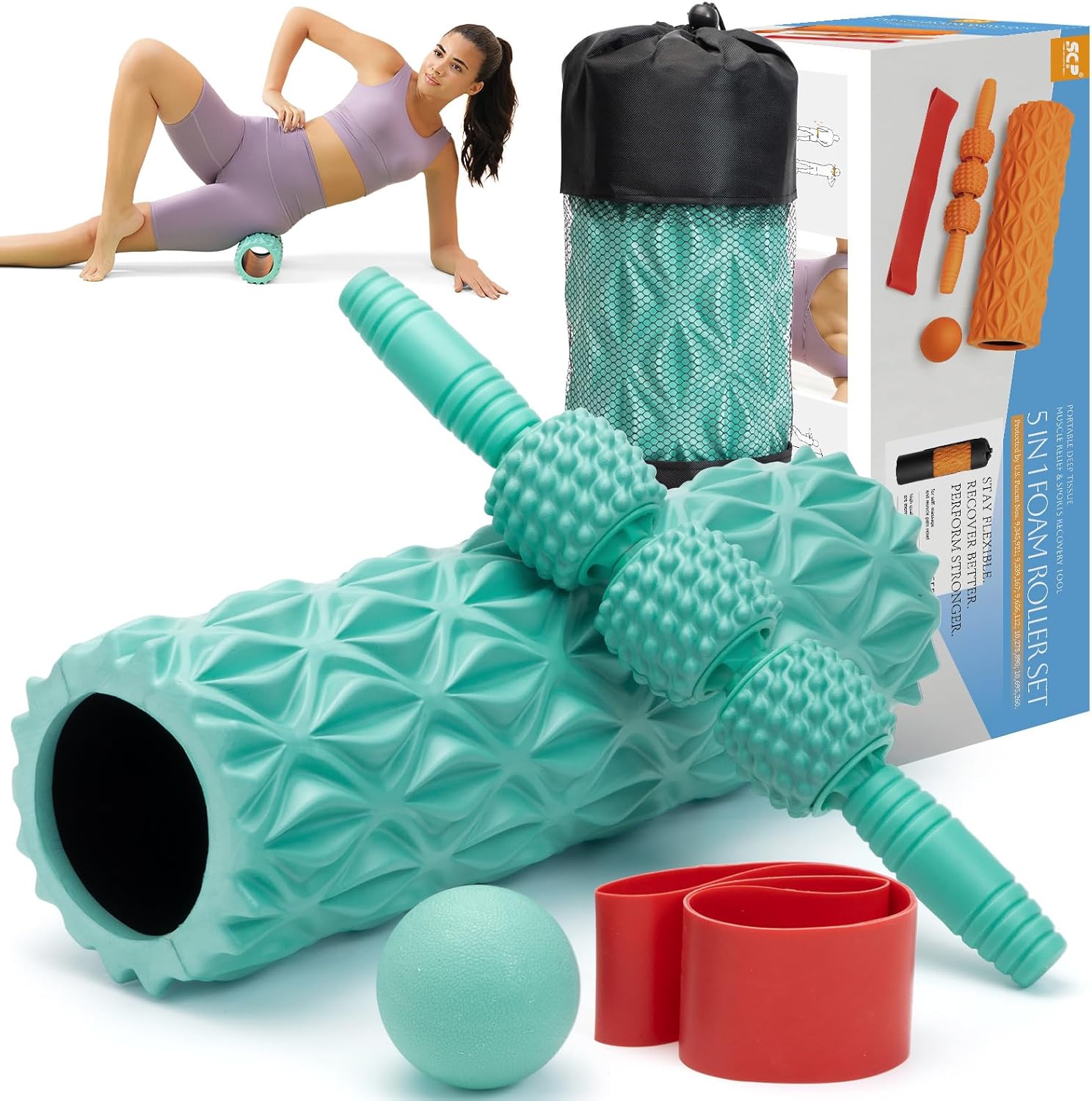 5 in 1 Foam Roller Set Medium Density Back Foam Roller, Muscle Roller Stick, Massage Ball, Exercise Bands, Trigger Point Release for Deep Muscle Massage Pilates Yoga, Fitness Exercise for Whole Body - Image 2