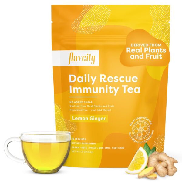 FlavCity Daily Rescue Lemon Ginger Immunity Tea with No Added Sugar - Delicious Caffeine-Free Herbal Tea Mix for Wellness Boost - Shelf-Stable, Vegan, Keto & Non-GMO (1.9 oz, 30 Servings) - Image 2