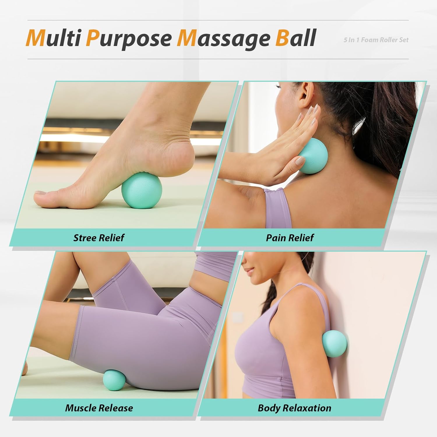 5 in 1 Foam Roller Set Medium Density Back Foam Roller, Muscle Roller Stick, Massage Ball, Exercise Bands, Trigger Point Release for Deep Muscle Massage Pilates Yoga, Fitness Exercise for Whole Body - Image 6