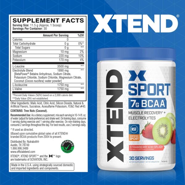 XTEND Sport BCAA Powder Strawberry Kiwi Splash - Electrolyte Powder for Recovery & Hydration with Amino Acids - 30 Servings - Image 3