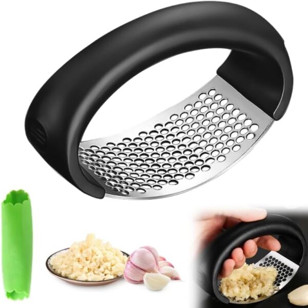 Garlic Press Rocker, Portable Manual Stainless Steel Garlic Press Rocker Crusher Masher with Garlic Peeling Drum for Home Kitchen Utensils (Black) - Image 2