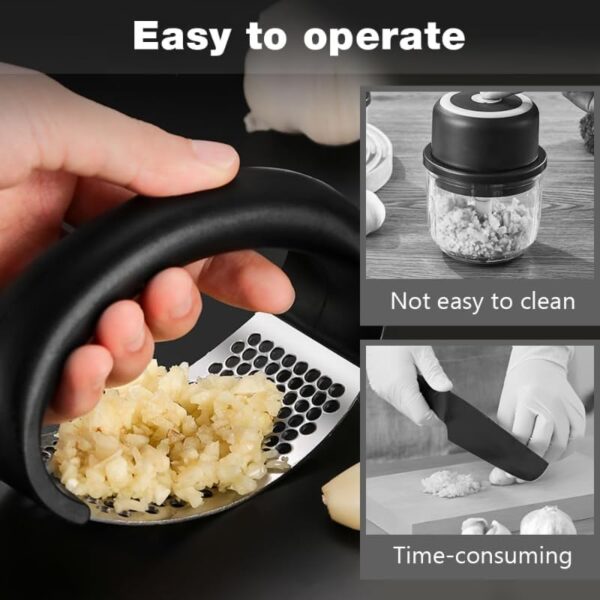Garlic Press Rocker, Portable Manual Stainless Steel Garlic Press Rocker Crusher Masher with Garlic Peeling Drum for Home Kitchen Utensils (Black) - Image 4