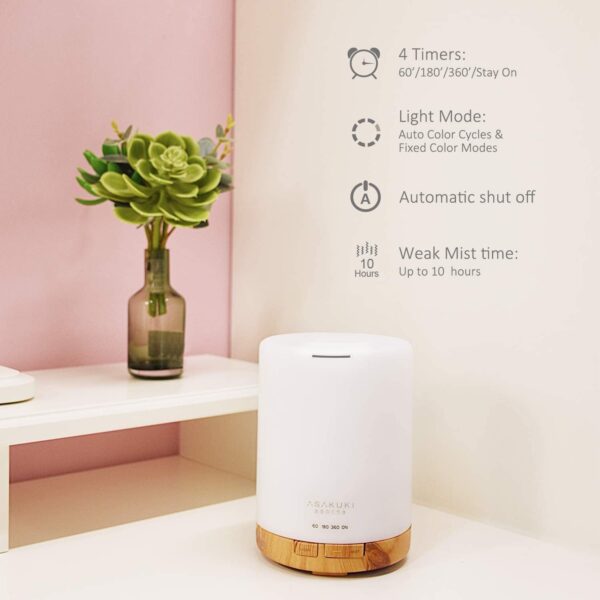 ASAKUKI 300ML Essential Oil Diffuser, Quiet 5-in-1 Premium Humidifier, Natural Home Fragrance Aroma Diffuser with 7 LED Color Changing Light and Auto-Off Safety Switch-Light Brown - Image 4