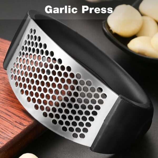 Garlic Press Rocker, Portable Manual Stainless Steel Garlic Press Rocker Crusher Masher with Garlic Peeling Drum for Home Kitchen Utensils (Black) - Image 3