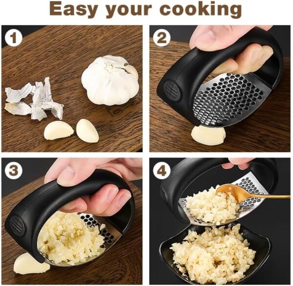 Garlic Press Rocker, Portable Manual Stainless Steel Garlic Press Rocker Crusher Masher with Garlic Peeling Drum for Home Kitchen Utensils (Black) - Image 7