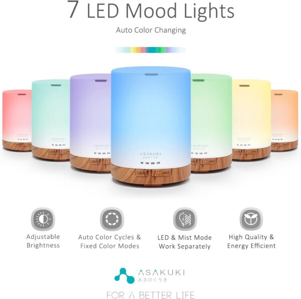 ASAKUKI 300ML Essential Oil Diffuser, Quiet 5-in-1 Premium Humidifier, Natural Home Fragrance Aroma Diffuser with 7 LED Color Changing Light and Auto-Off Safety Switch-Light Brown - Image 3
