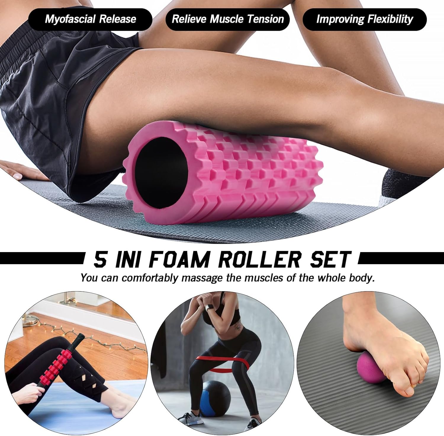 5 in 1 Foam Roller Set, Trigger Point Foam Roller Patented, Massage Stick, Massage Ball, Resistance Band for Deep Muscle Massage Pilates Yoga, Fitness Exercise for Whole Body - Image 7